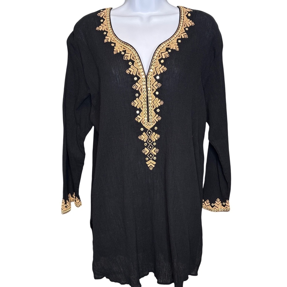 Sulu Womens Black Gold Embroidered Mirror Work Tunic Top Sz 14 Boho‎ Kurti